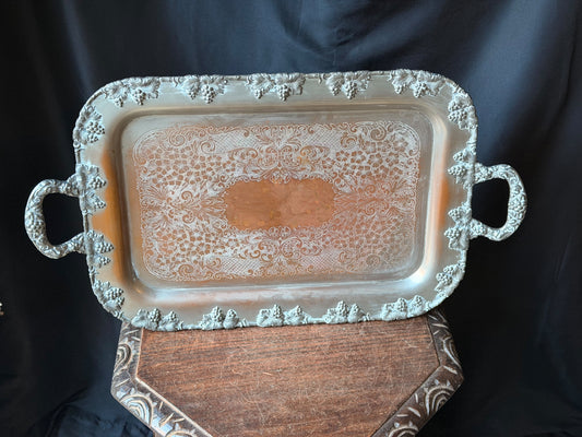 Vintage Crescent Silver on Copper Butler Serving Tray Grapevine Handles 26"