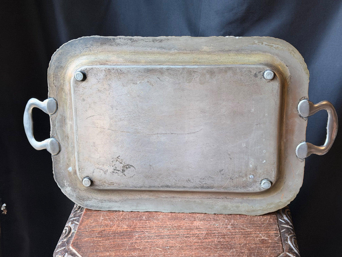 Vintage Crescent Silver on Copper Butler Serving Tray Grapevine Handles 26"