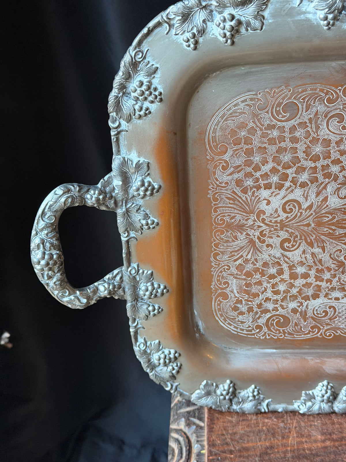 Vintage Crescent Silver on Copper Butler Serving Tray Grapevine Handles 26"