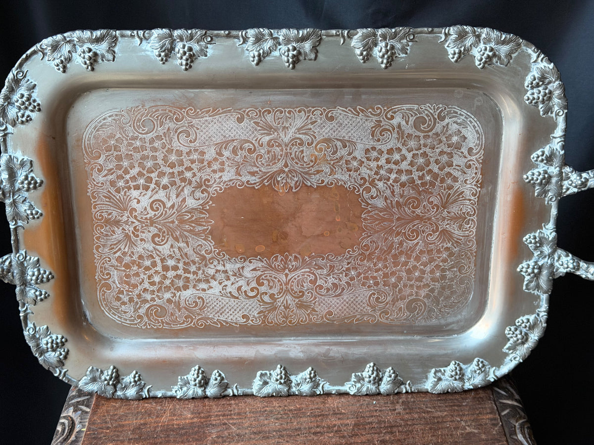 Vintage Crescent Silver on Copper Butler Serving Tray Grapevine Handles 26"