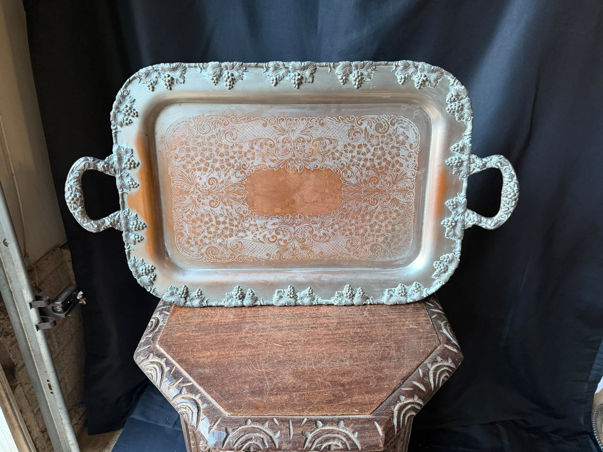 Vintage Crescent Silver on Copper Butler Serving Tray Grapevine Handles 26"