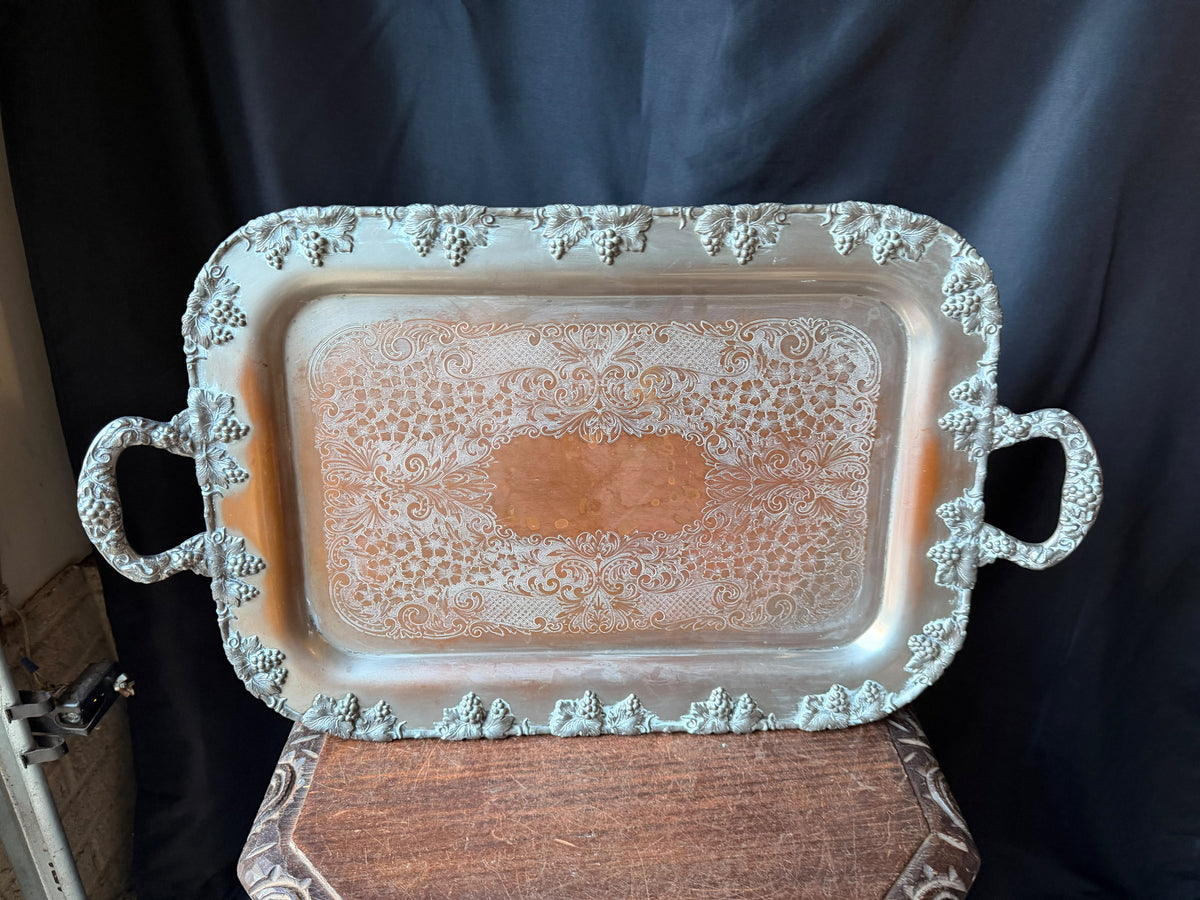 Vintage Crescent Silver on Copper Butler Serving Tray Grapevine Handles 26"
