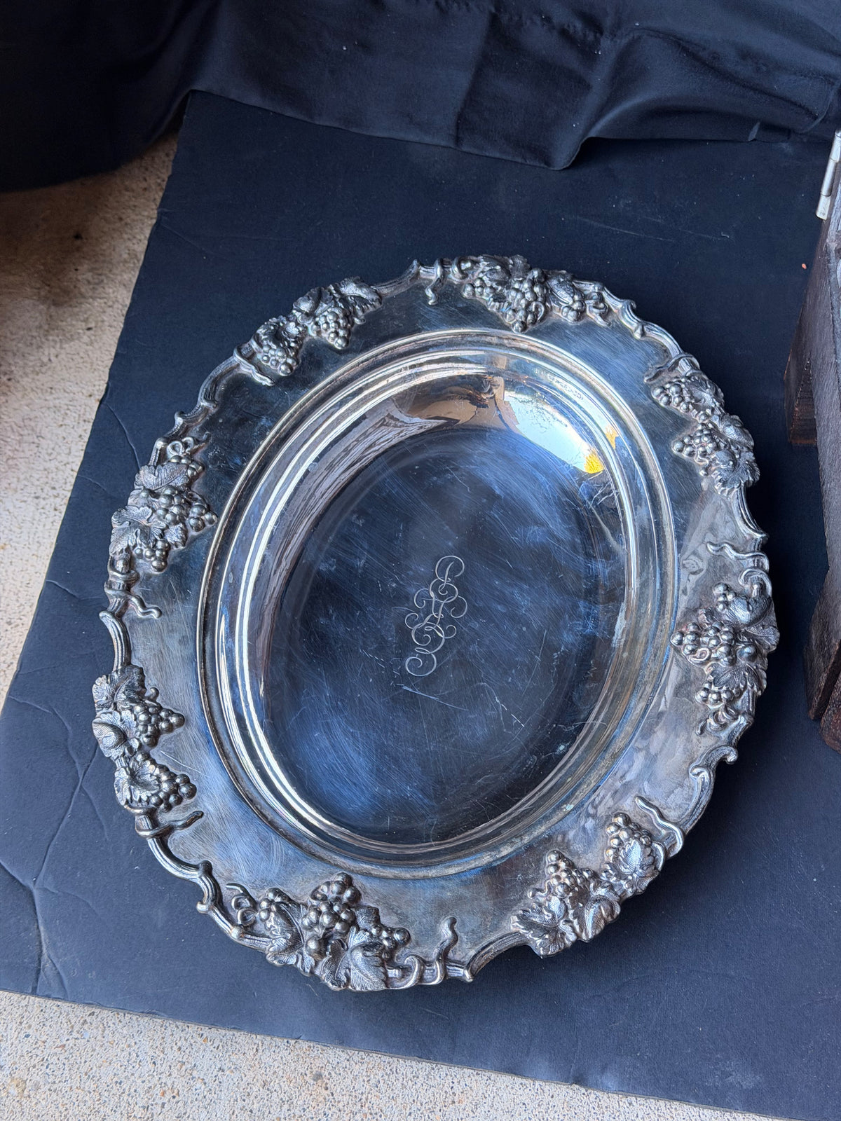 Vintage Silverplate Oval Serving Dish Grapevine Relief Rim Monogram 12"