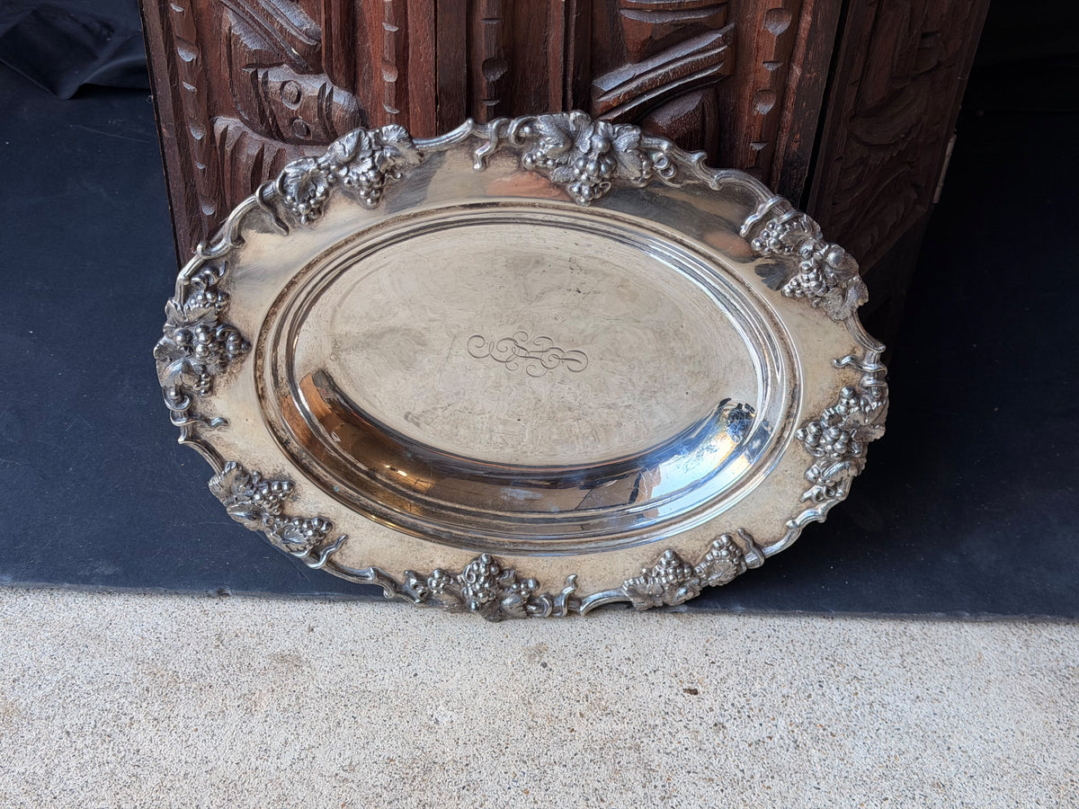 Vintage Silverplate Oval Serving Dish Grapevine Relief Rim Monogram 12"
