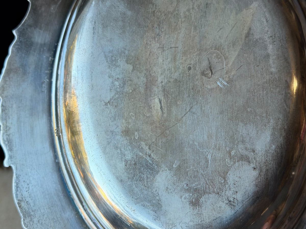Vintage Silverplate Oval Serving Dish Grapevine Relief Rim Monogram 12"