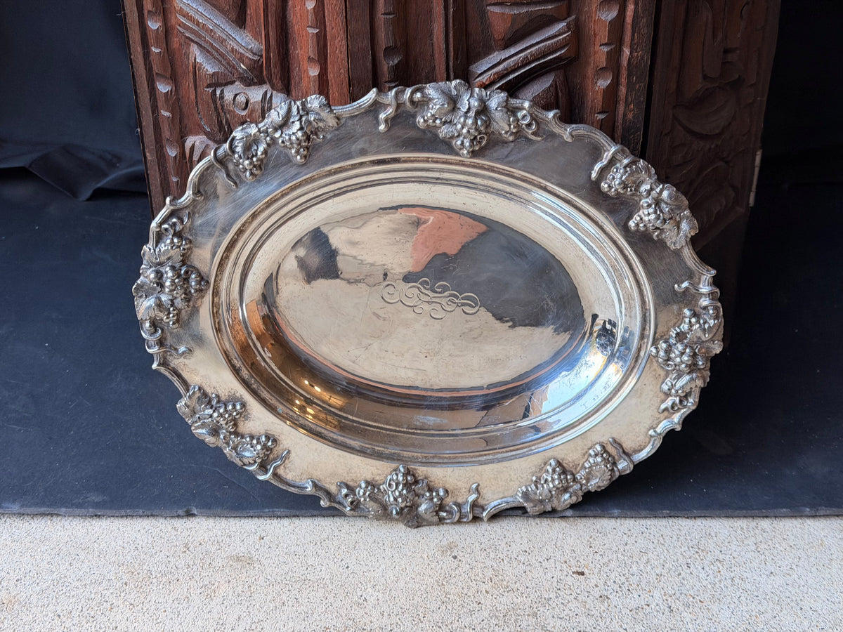 Vintage Silverplate Oval Serving Dish Grapevine Relief Rim Monogram 12"
