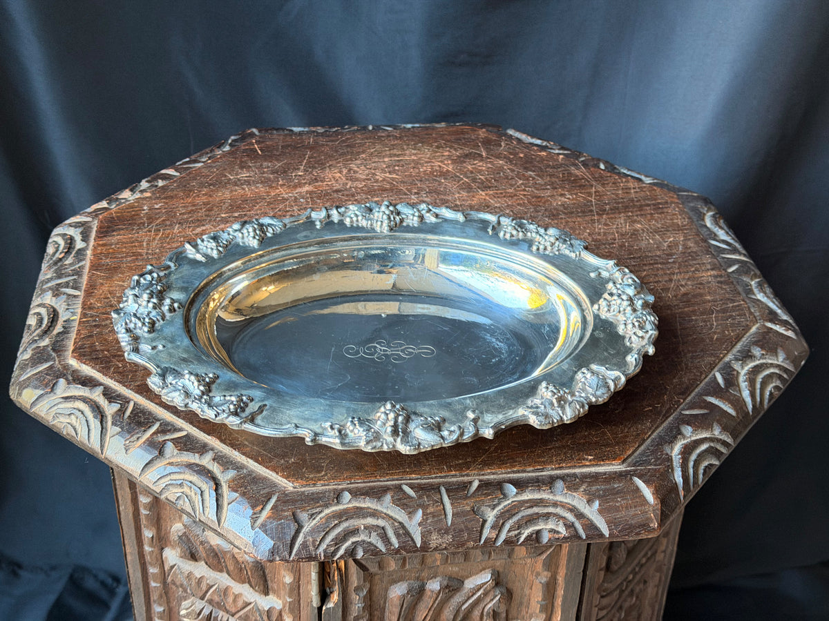Vintage Silverplate Oval Serving Dish Grapevine Relief Rim Monogram 12"