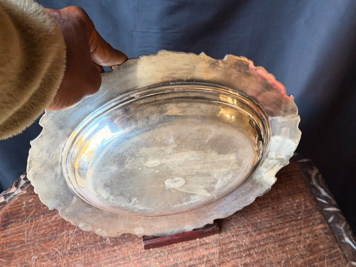 Vintage Silverplate Oval Serving Dish Grapevine Relief Rim Monogram 12"