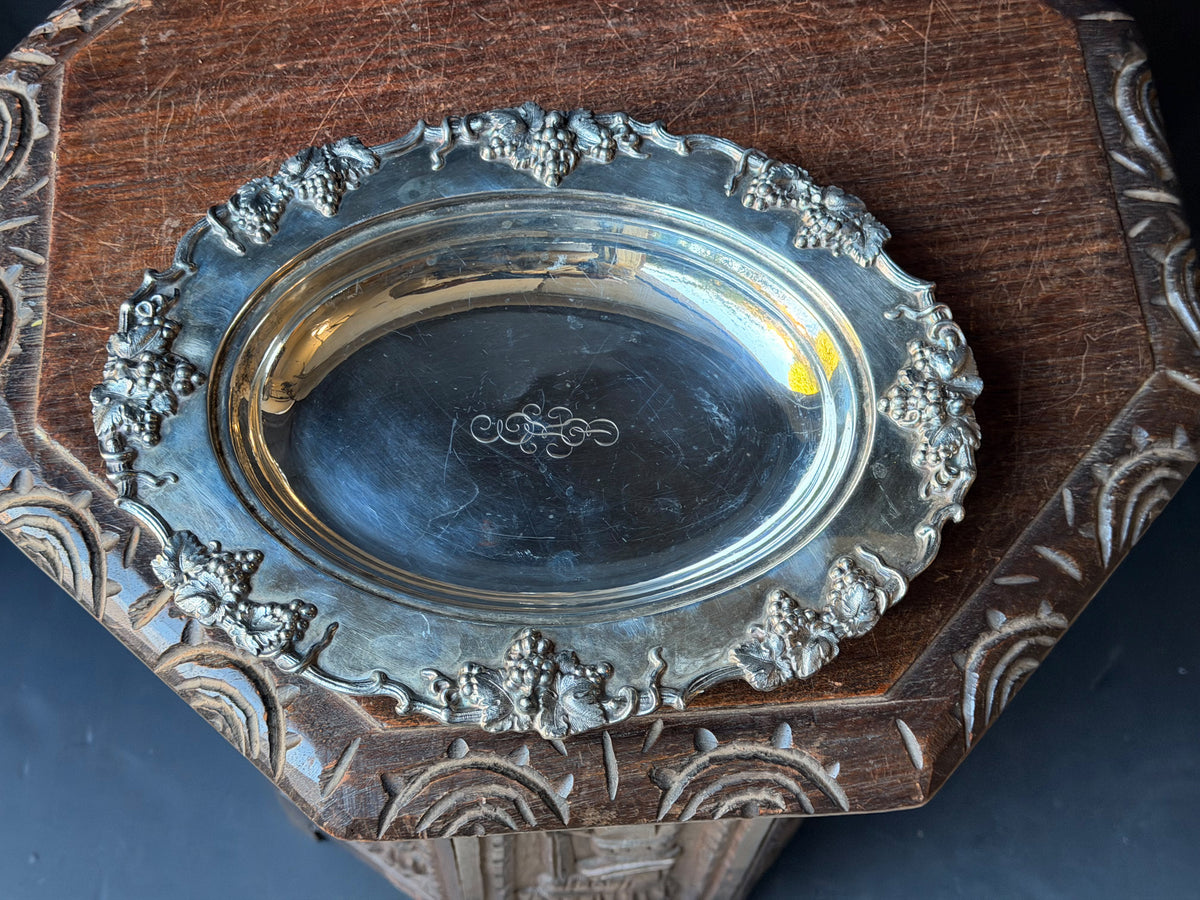 Vintage Silverplate Oval Serving Dish Grapevine Relief Rim Monogram 12"