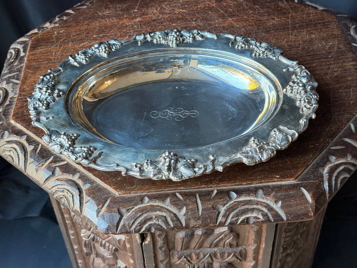 Vintage Silverplate Oval Serving Dish Grapevine Relief Rim Monogram 12"