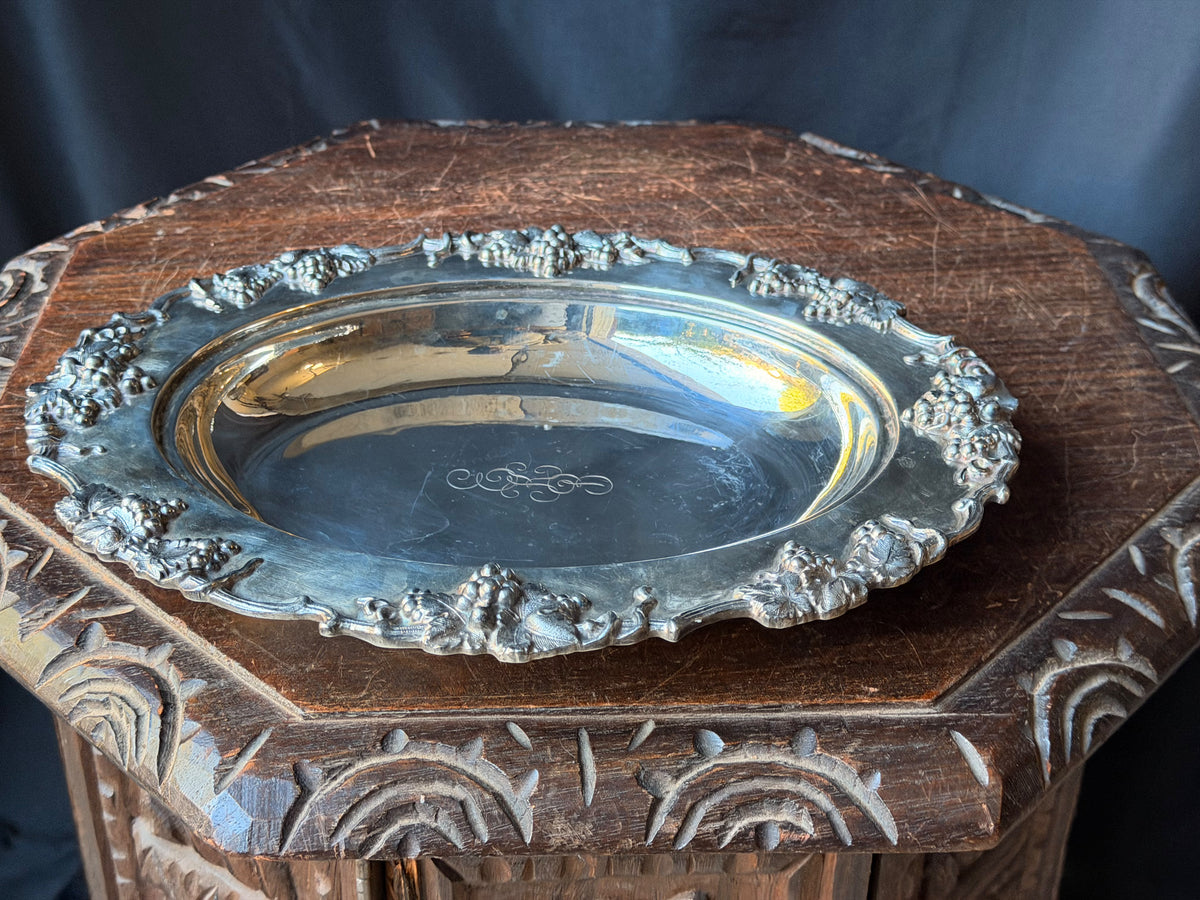 Vintage Silverplate Oval Serving Dish Grapevine Relief Rim Monogram 12"