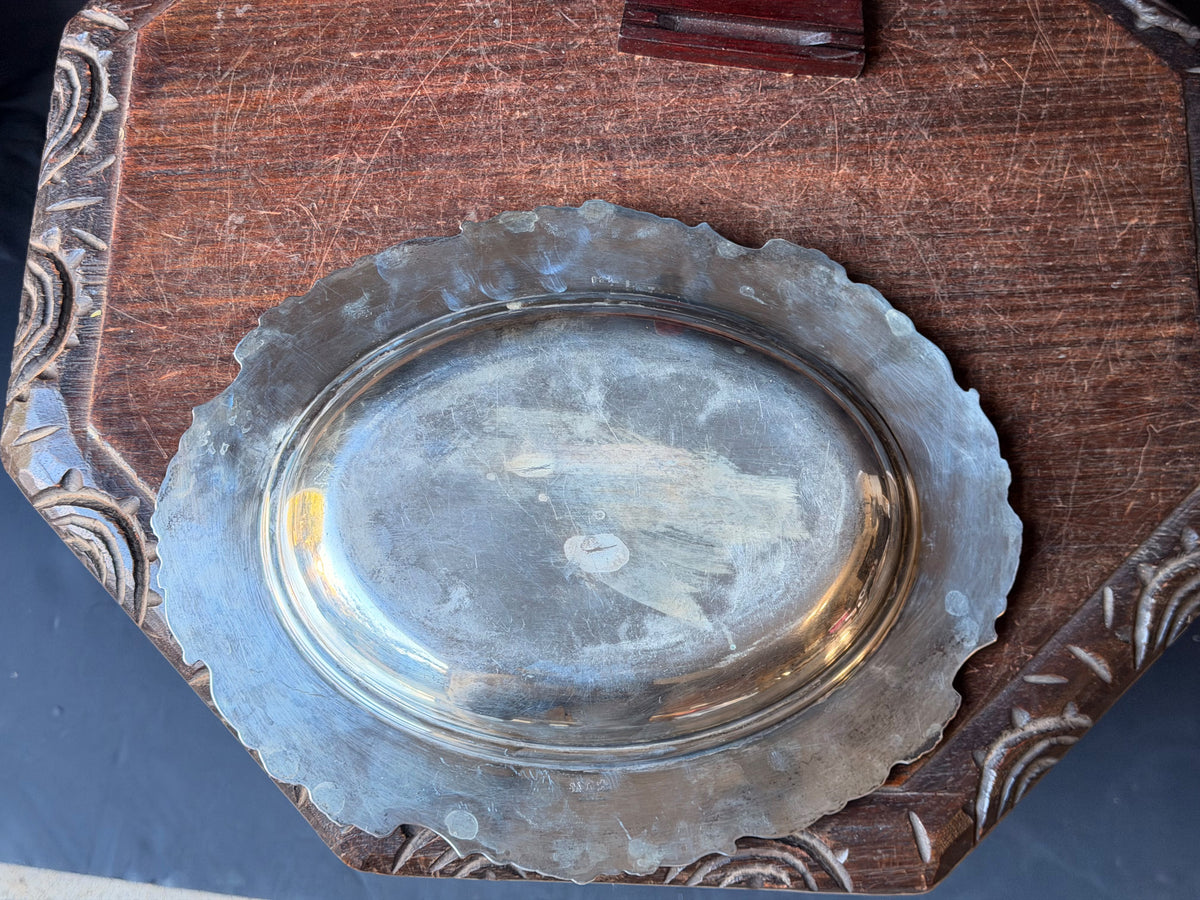 Vintage Silverplate Oval Serving Dish Grapevine Relief Rim Monogram 12"