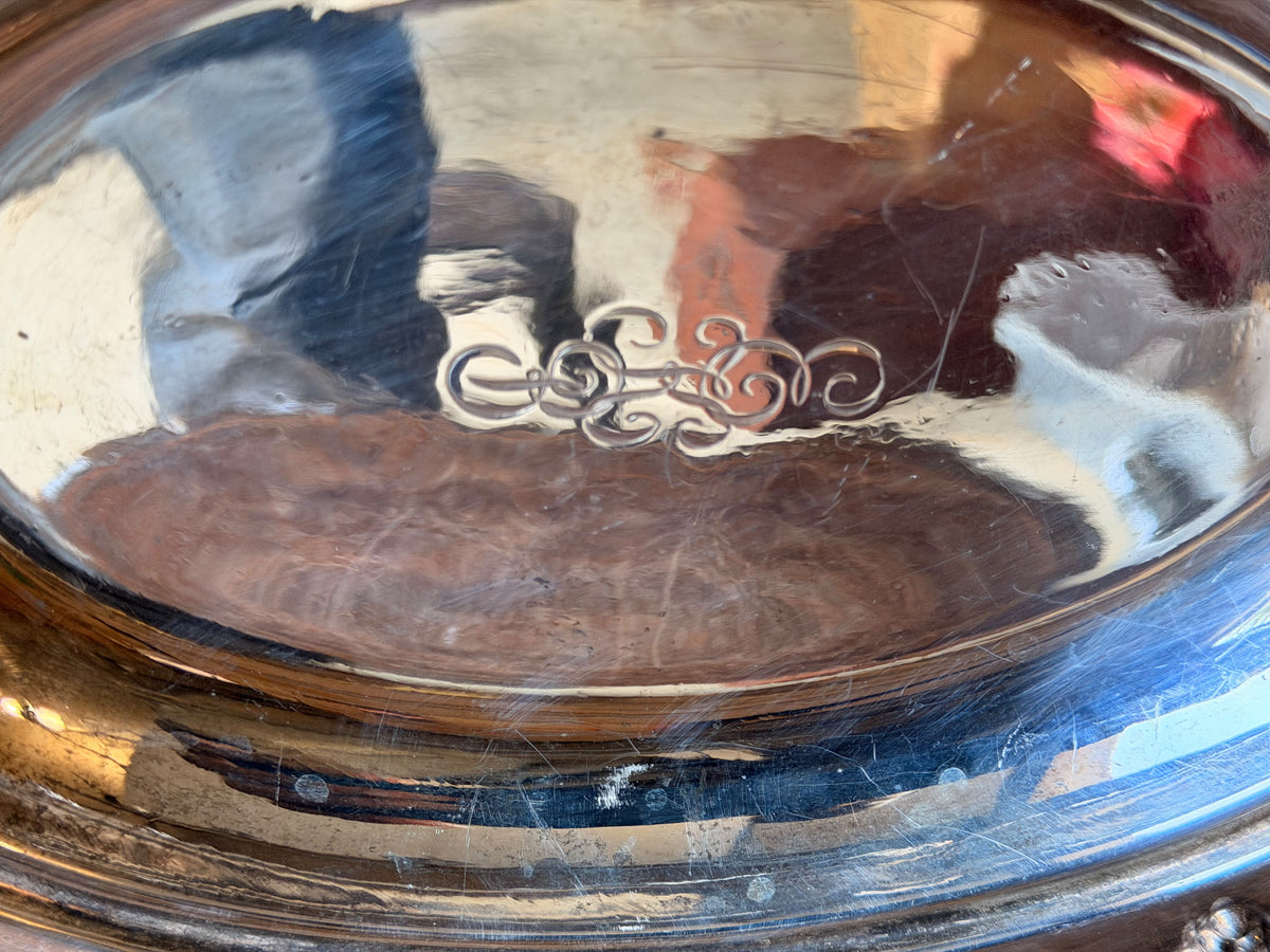 Vintage Silverplate Oval Serving Dish Grapevine Relief Rim Monogram 12"