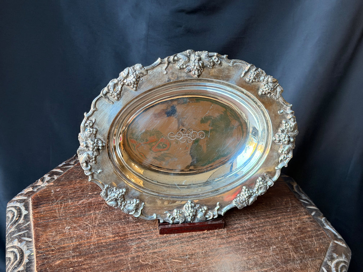 Vintage Silverplate Oval Serving Dish Grapevine Relief Rim Monogram 12"
