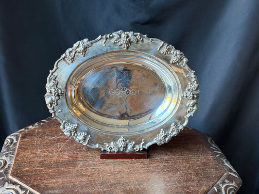 Vintage Silverplate Oval Serving Dish Grapevine Relief Rim Monogram 12"