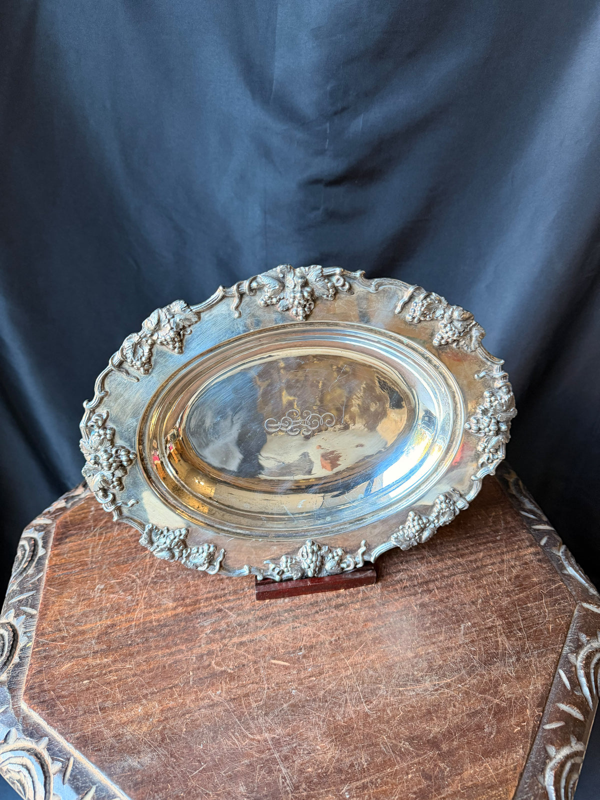 Vintage Silverplate Oval Serving Dish Grapevine Relief Rim Monogram 12"