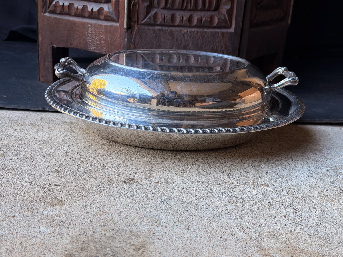 Vintage Silver on Copper Covered Entree Dish Reversible Lid Gadroon Rim 11.5"