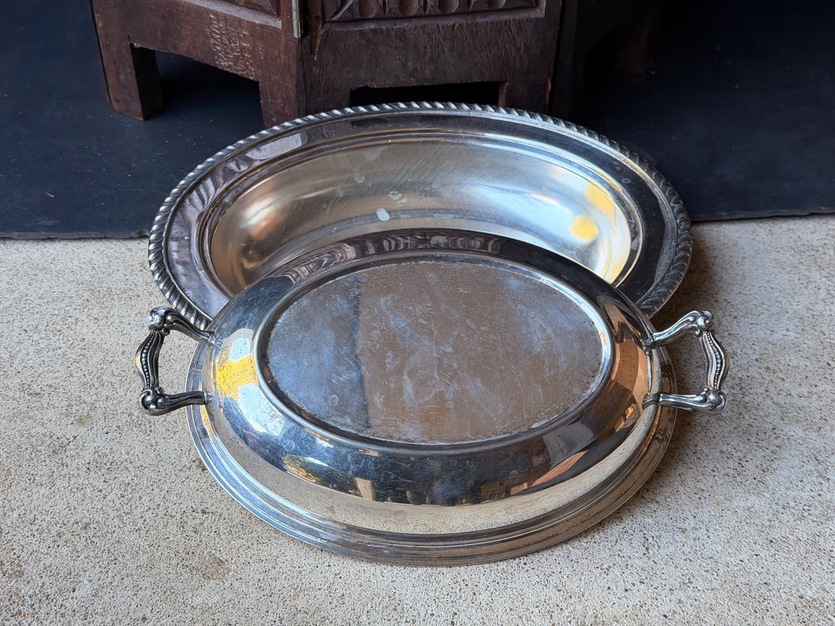 Vintage Silver on Copper Covered Entree Dish Reversible Lid Gadroon Rim 11.5"