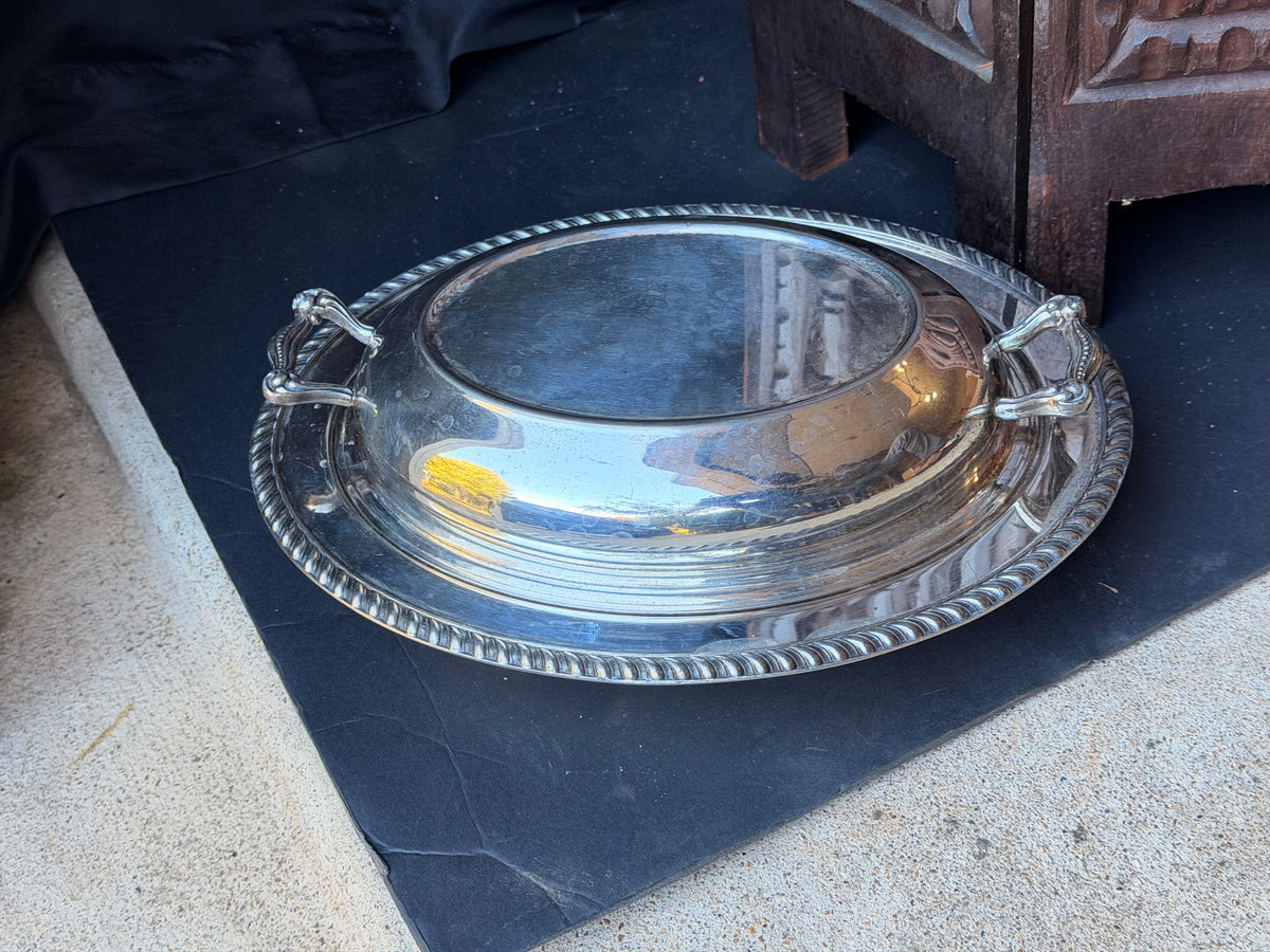 Vintage Silver on Copper Covered Entree Dish Reversible Lid Gadroon Rim 11.5"