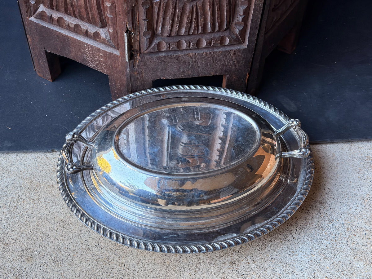 Vintage Silver on Copper Covered Entree Dish Reversible Lid Gadroon Rim 11.5"