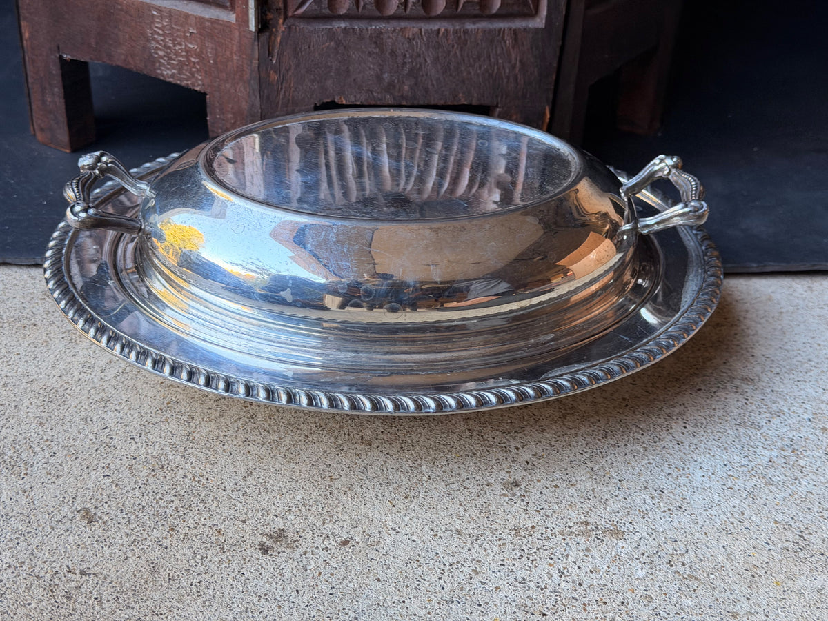 Vintage Silver on Copper Covered Entree Dish Reversible Lid Gadroon Rim 11.5"