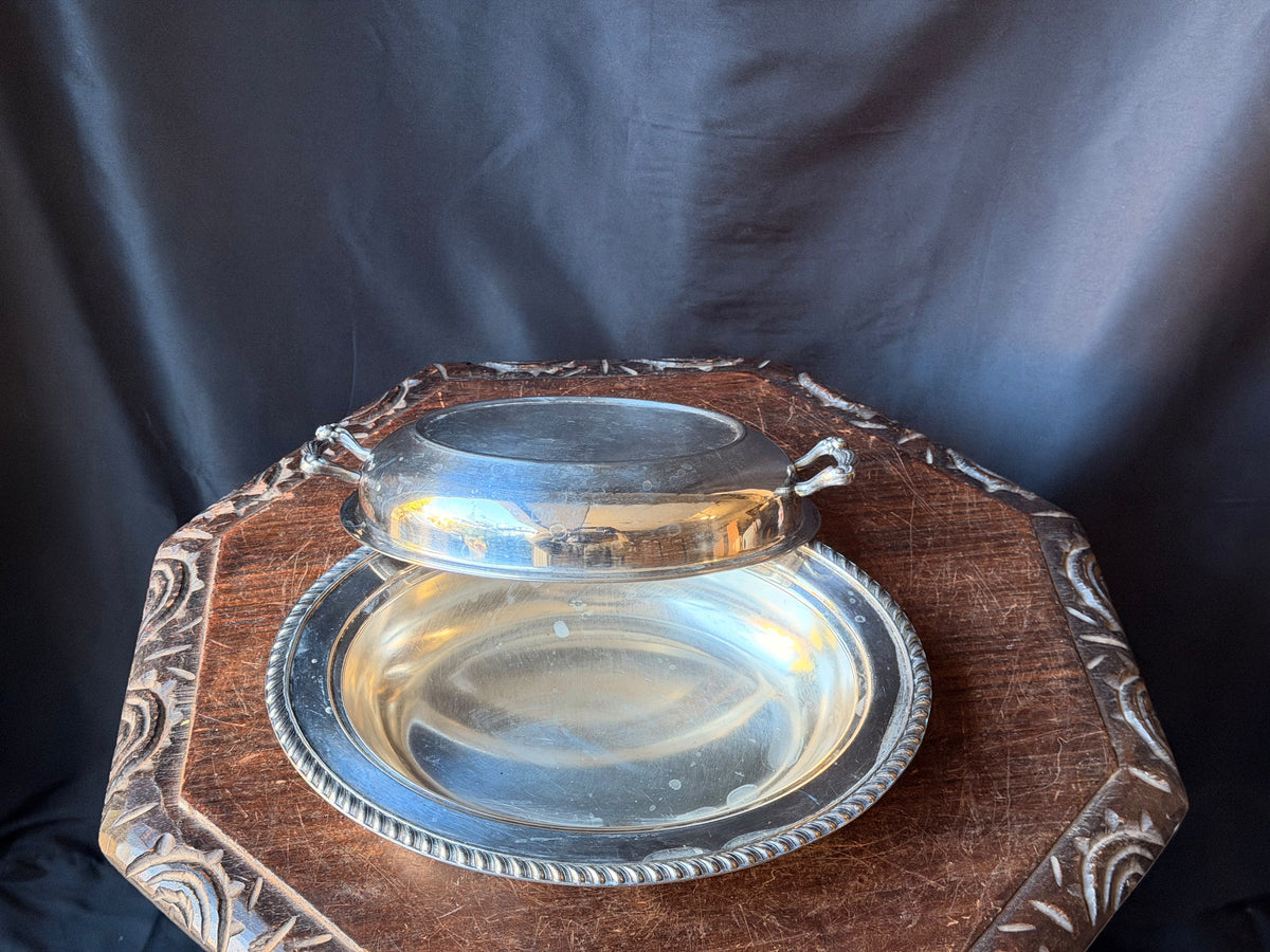 Vintage Silver on Copper Covered Entree Dish Reversible Lid Gadroon Rim 11.5"