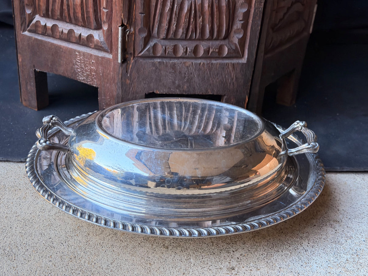 Vintage Silver on Copper Covered Entree Dish Reversible Lid Gadroon Rim 11.5"