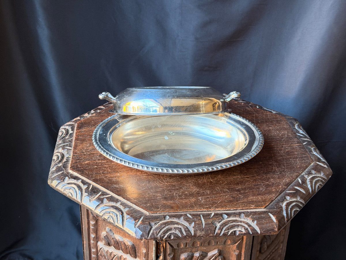 Vintage Silver on Copper Covered Entree Dish Reversible Lid Gadroon Rim 11.5"