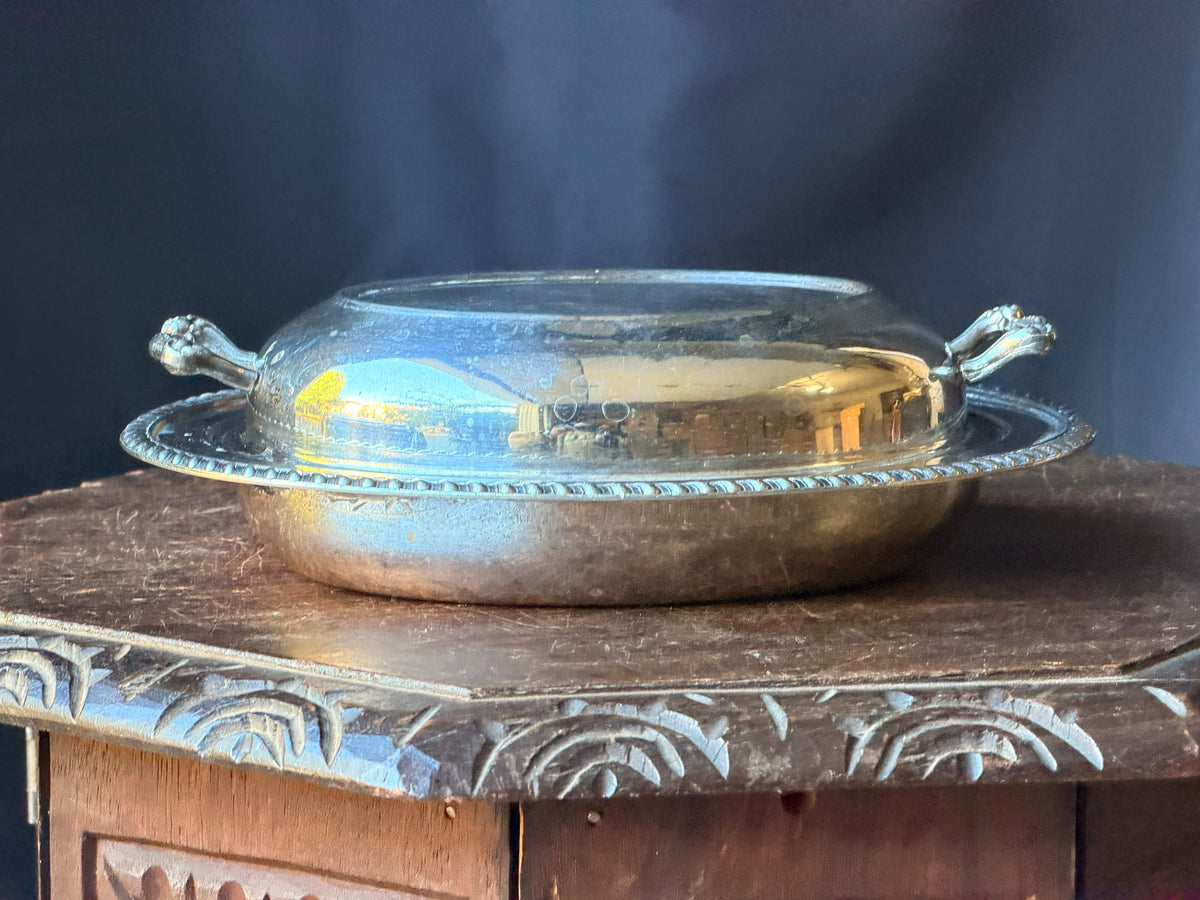 Vintage Silver on Copper Covered Entree Dish Reversible Lid Gadroon Rim 11.5"