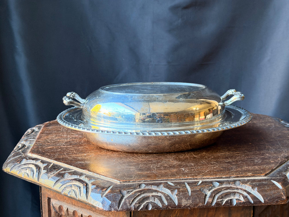 Vintage Silver on Copper Covered Entree Dish Reversible Lid Gadroon Rim 11.5"