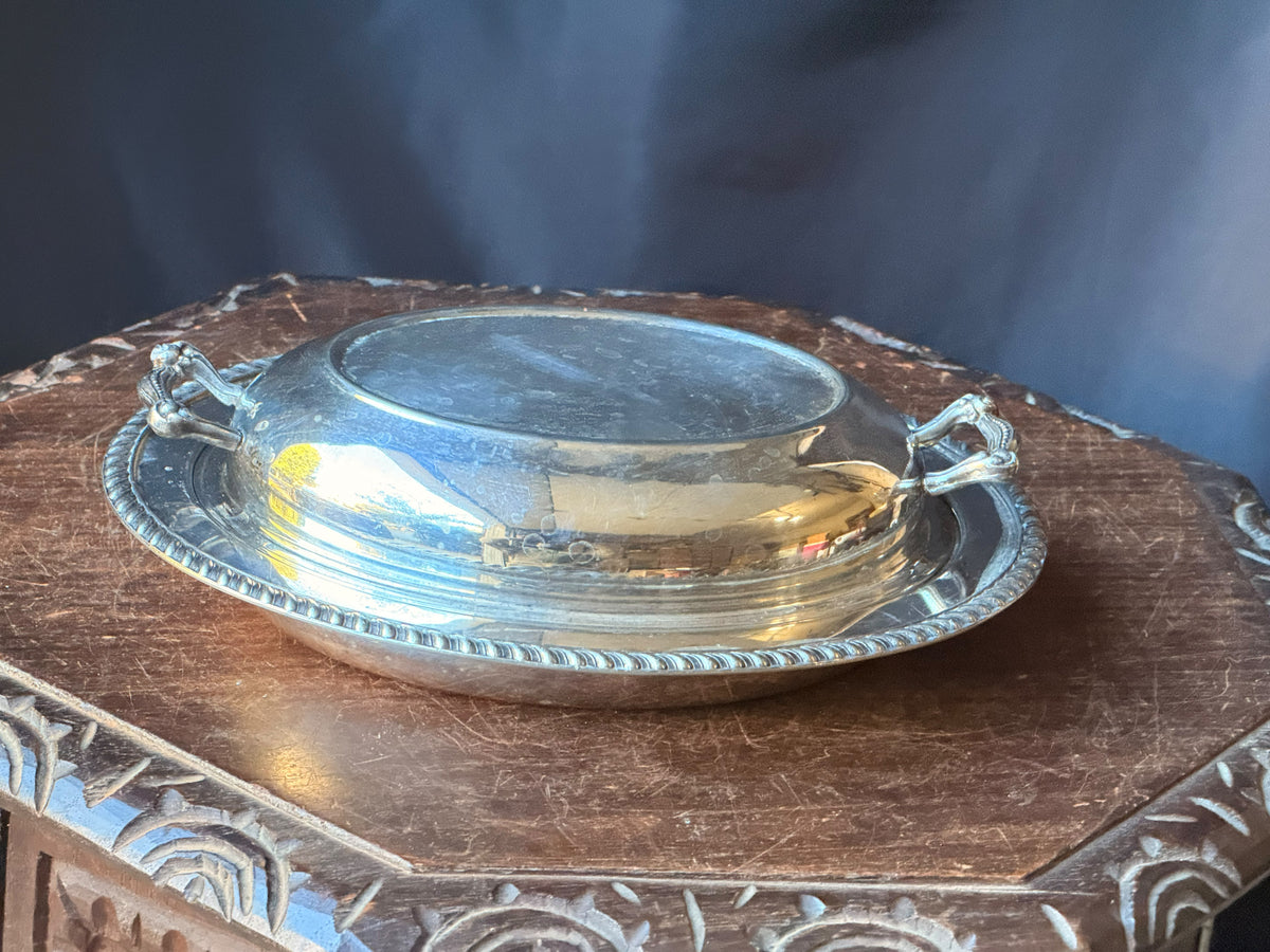 Vintage Silver on Copper Covered Entree Dish Reversible Lid Gadroon Rim 11.5"