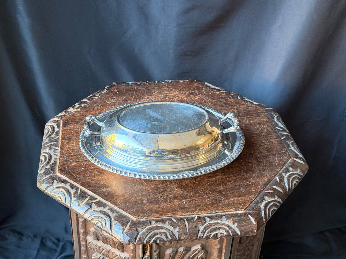 Vintage Silver on Copper Covered Entree Dish Reversible Lid Gadroon Rim 11.5"