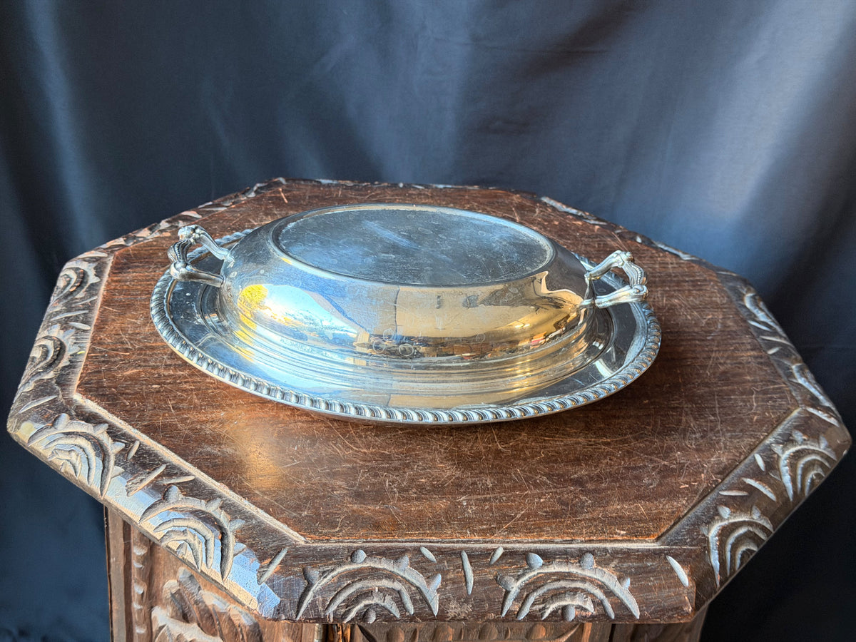 Vintage Silver on Copper Covered Entree Dish Reversible Lid Gadroon Rim 11.5"