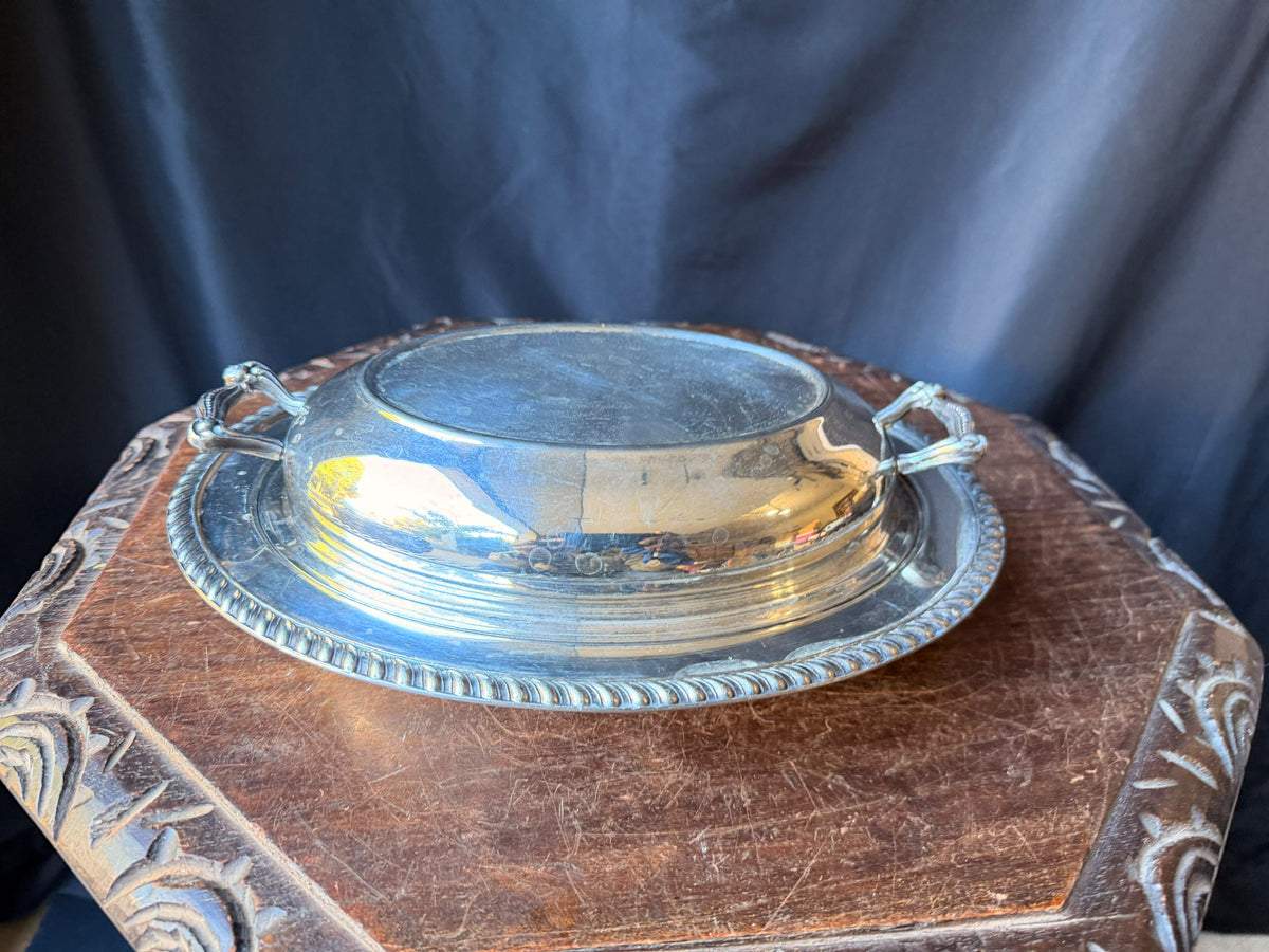 Vintage Silver on Copper Covered Entree Dish Reversible Lid Gadroon Rim 11.5"