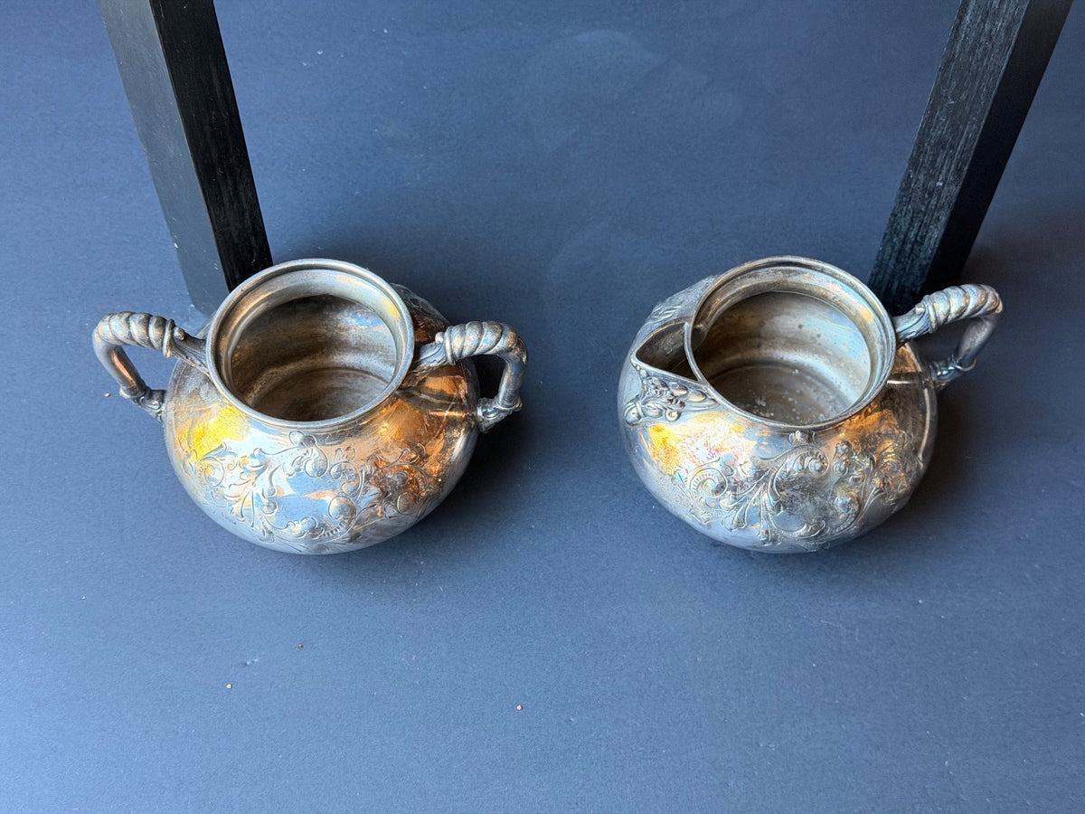 Antique Barbour Silver Co Quadruple Plate Sugar Bowl Creamer Set Footed Floral