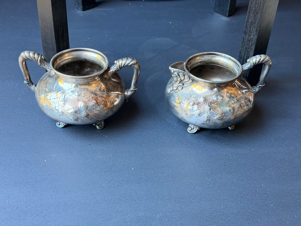 Antique Barbour Silver Co Quadruple Plate Sugar Bowl Creamer Set Footed Floral