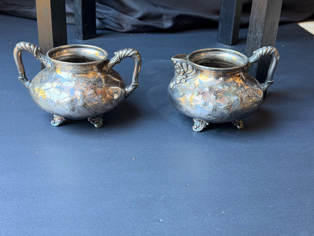 Antique Barbour Silver Co Quadruple Plate Sugar Bowl Creamer Set Footed Floral