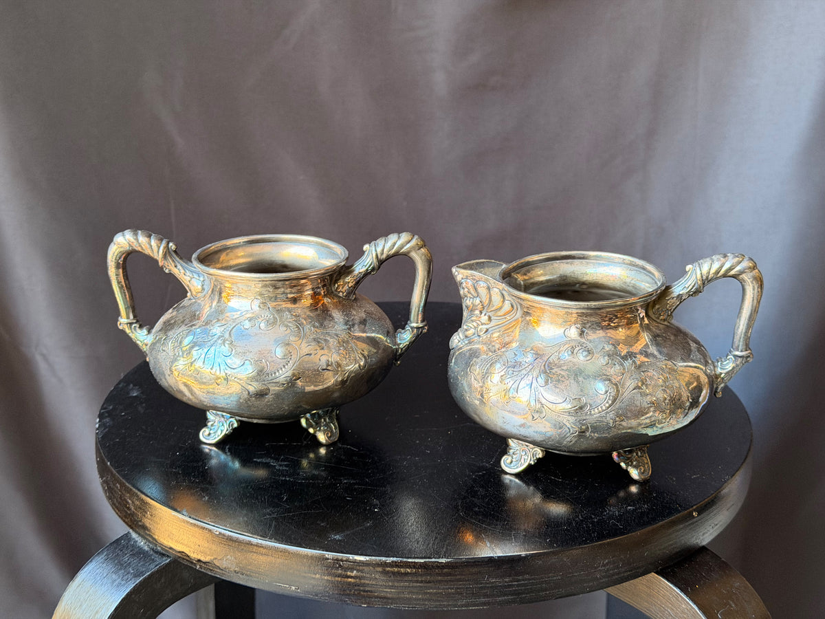 Antique Barbour Silver Co Quadruple Plate Sugar Bowl Creamer Set Footed Floral