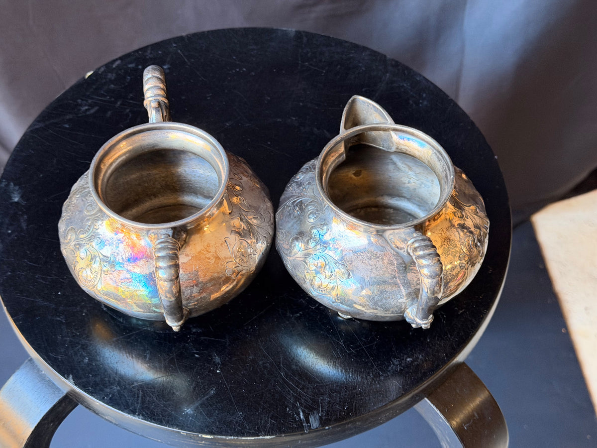 Antique Barbour Silver Co Quadruple Plate Sugar Bowl Creamer Set Footed Floral