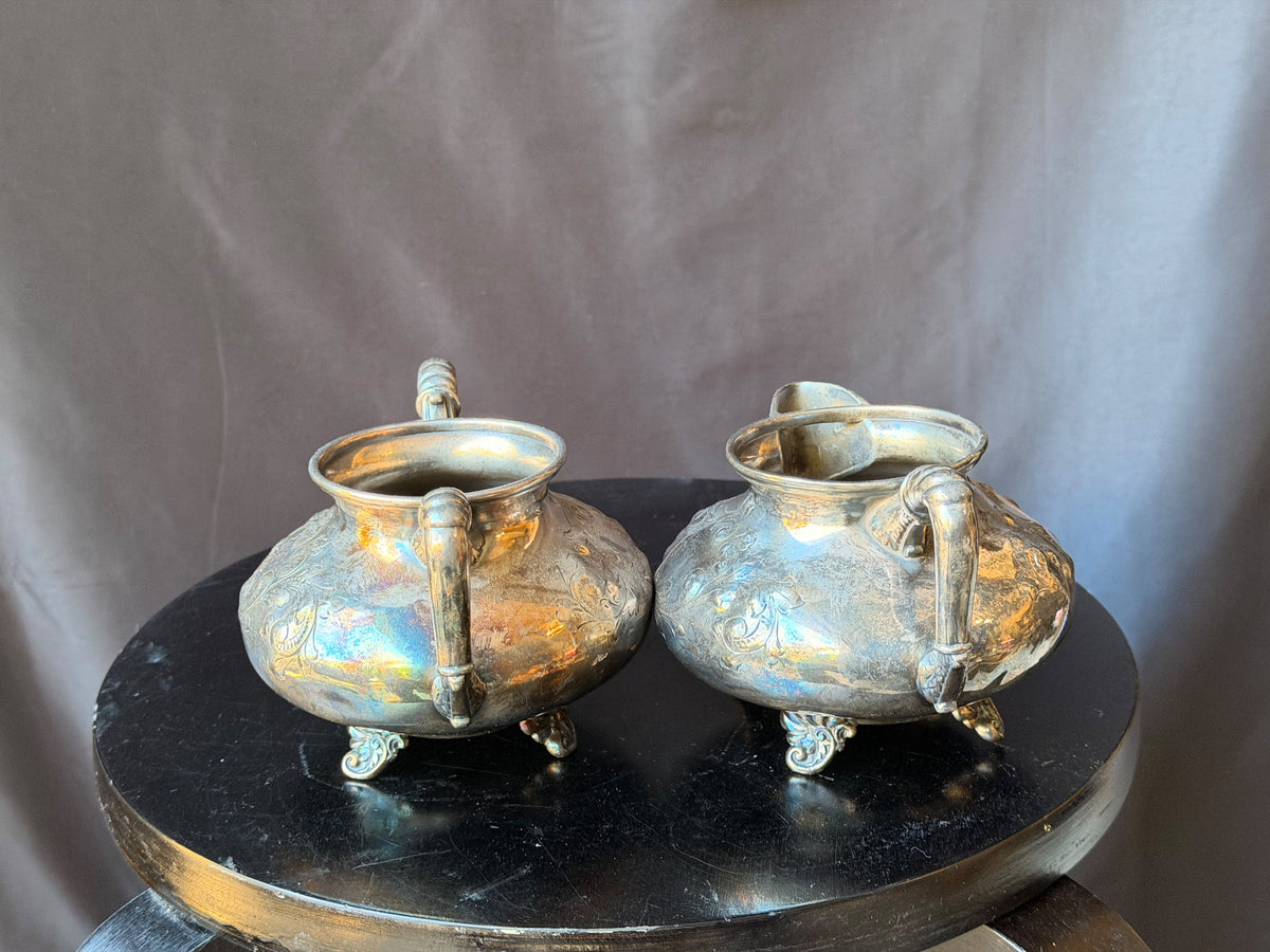Antique Barbour Silver Co Quadruple Plate Sugar Bowl Creamer Set Footed Floral