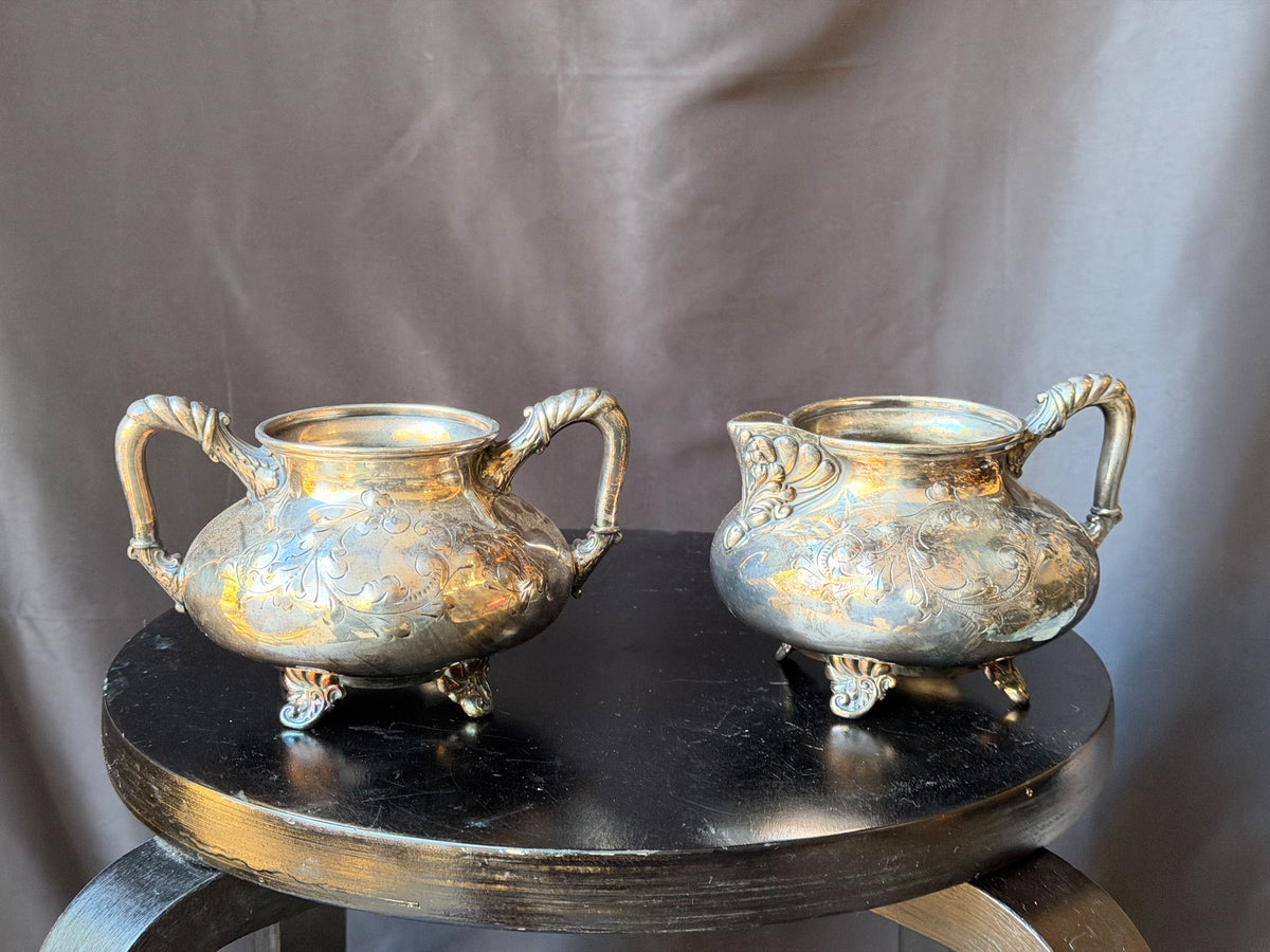 Antique Barbour Silver Co Quadruple Plate Sugar Bowl Creamer Set Footed Floral
