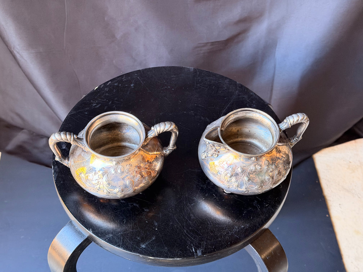 Antique Barbour Silver Co Quadruple Plate Sugar Bowl Creamer Set Footed Floral