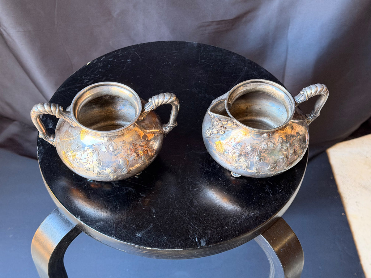 Antique Barbour Silver Co Quadruple Plate Sugar Bowl Creamer Set Footed Floral