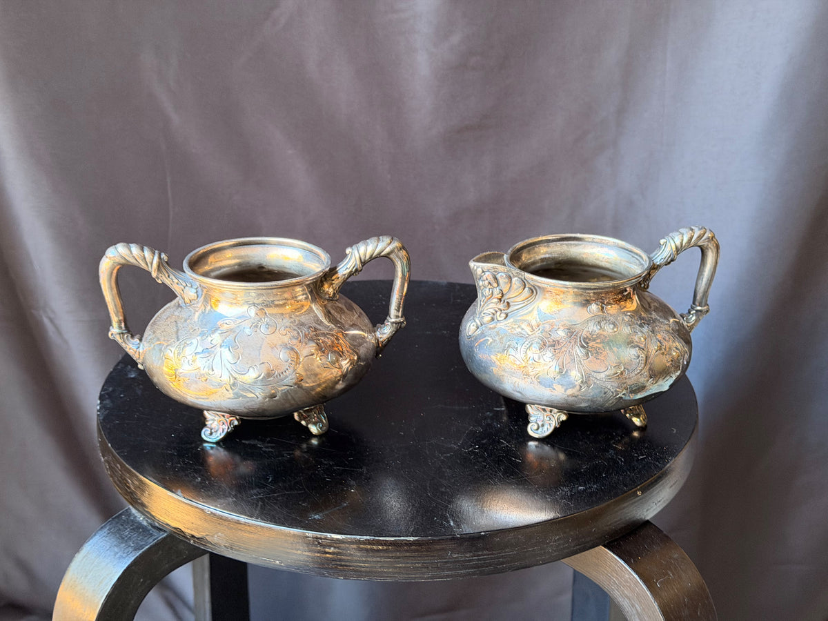 Antique Barbour Silver Co Quadruple Plate Sugar Bowl Creamer Set Footed Floral