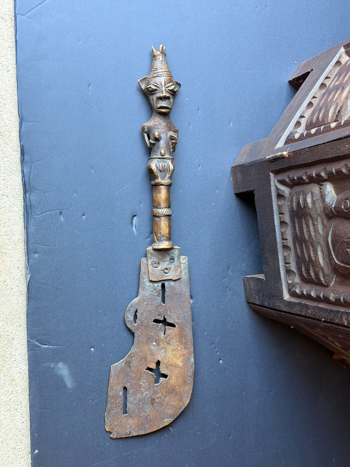 Vintage Fon Dahomey Bronze Ceremonial Knife Female Figure Pierced Blade 17"