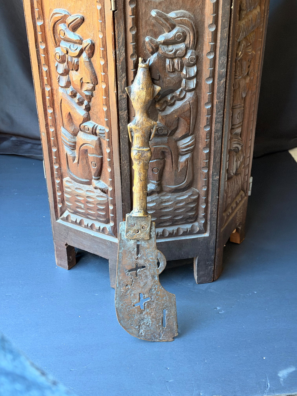Vintage Fon Dahomey Bronze Ceremonial Knife Female Figure Pierced Blade 17"