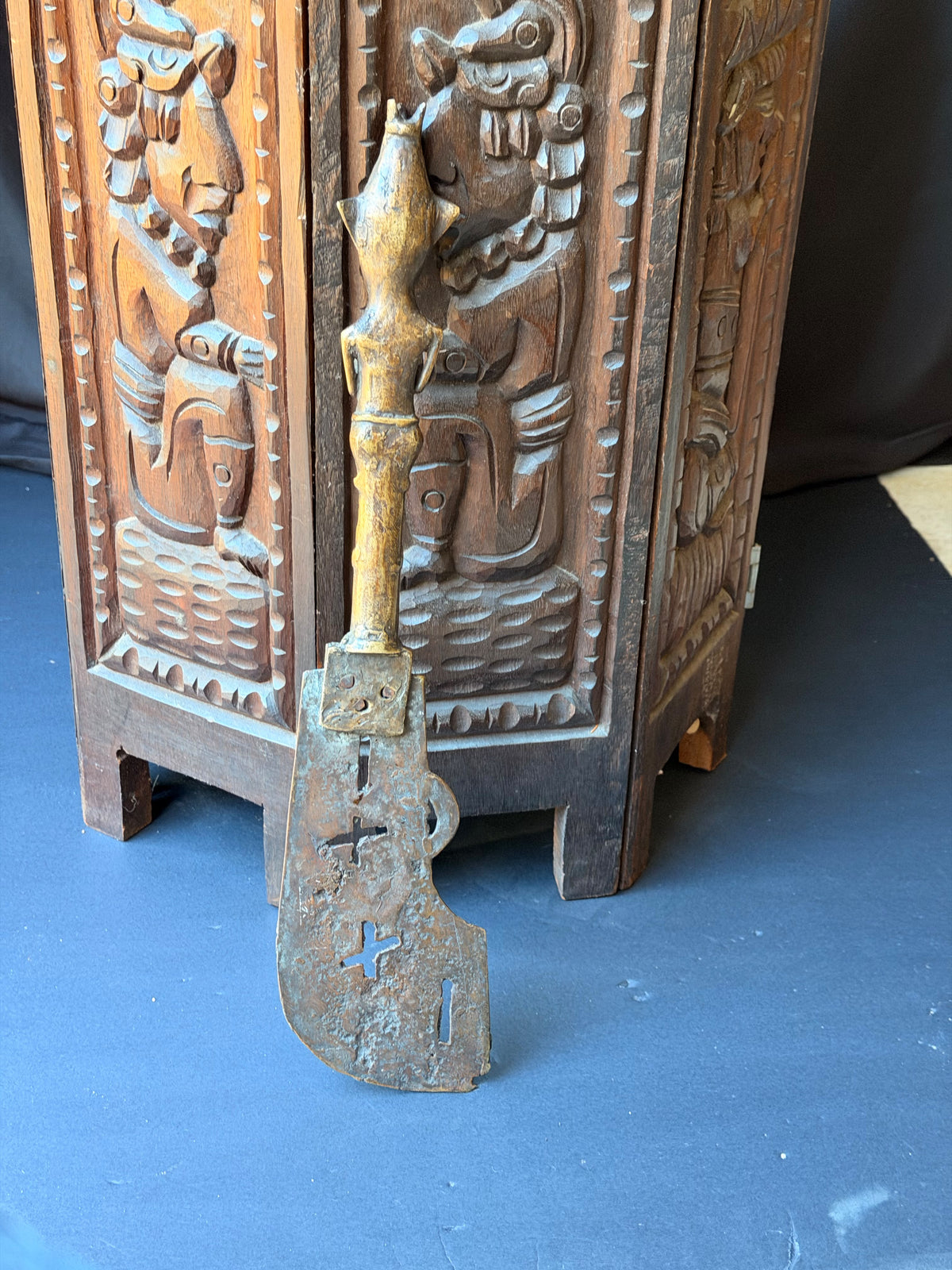 Vintage Fon Dahomey Bronze Ceremonial Knife Female Figure Pierced Blade 17"