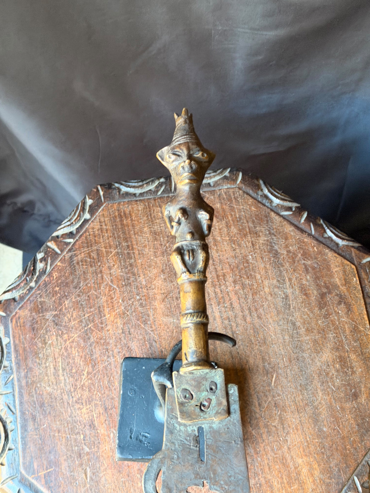 Vintage Fon Dahomey Bronze Ceremonial Knife Female Figure Pierced Blade 17"