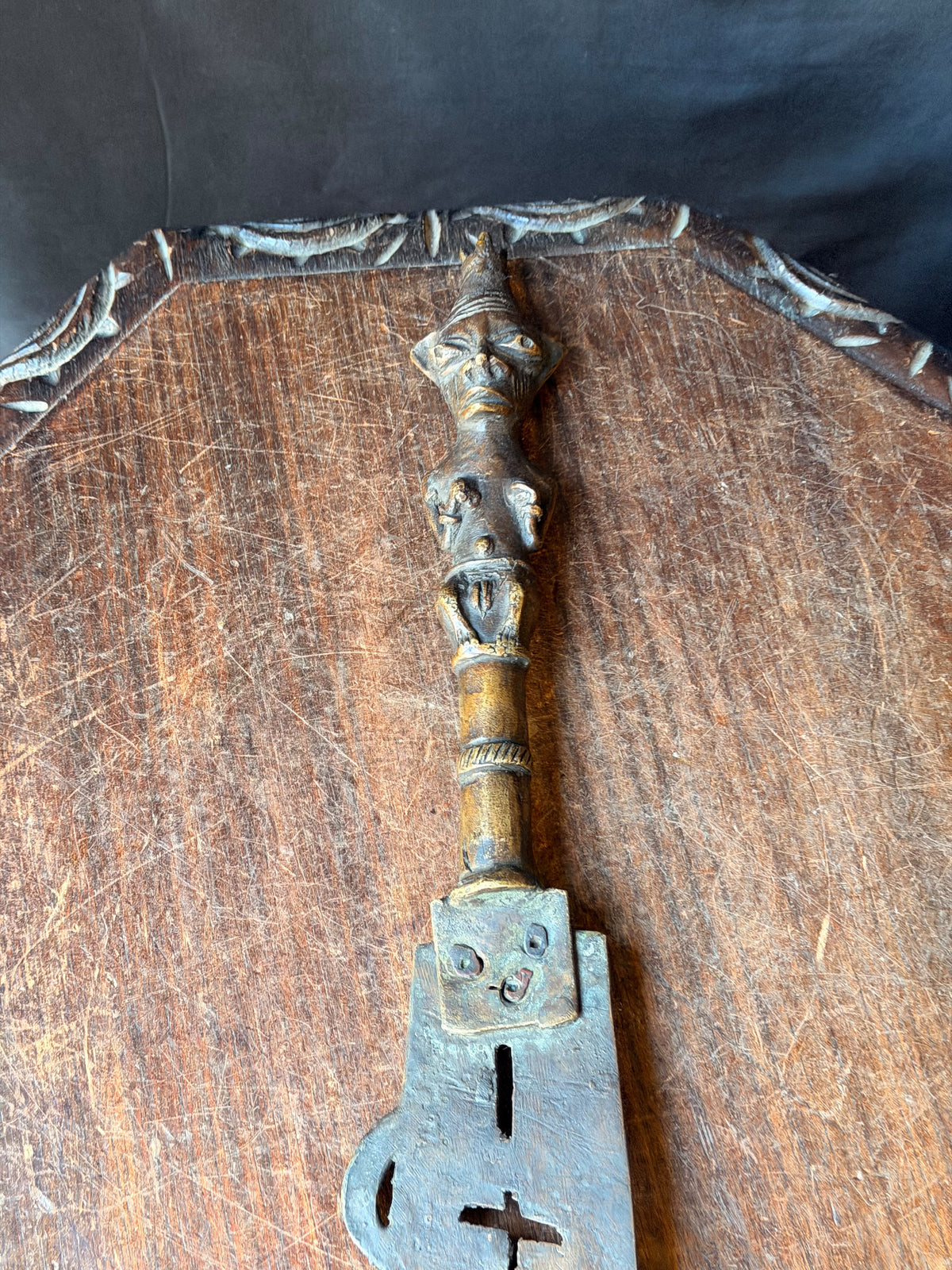 Vintage Fon Dahomey Bronze Ceremonial Knife Female Figure Pierced Blade 17"