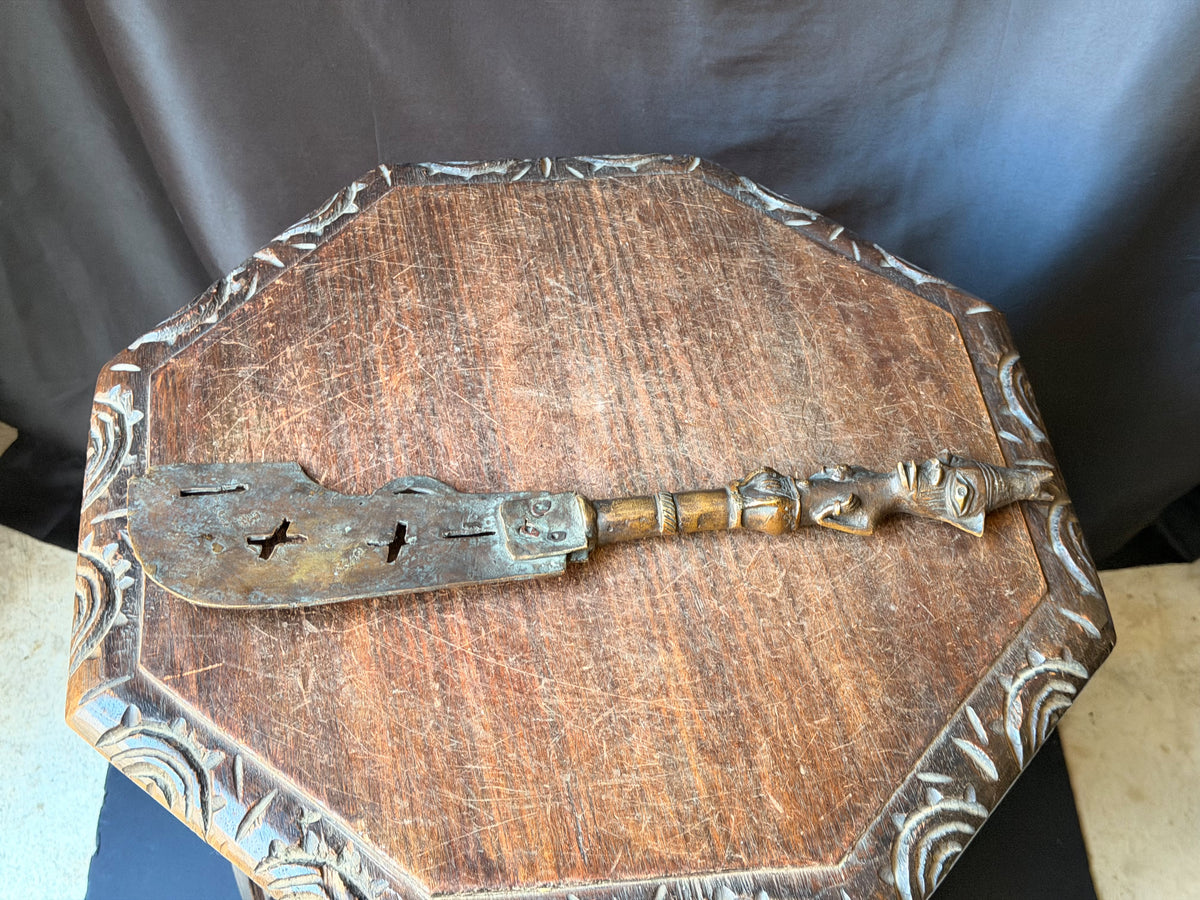Vintage Fon Dahomey Bronze Ceremonial Knife Female Figure Pierced Blade 17"